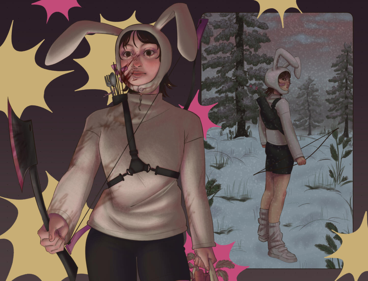 clean full color half-body and full body + landscape background